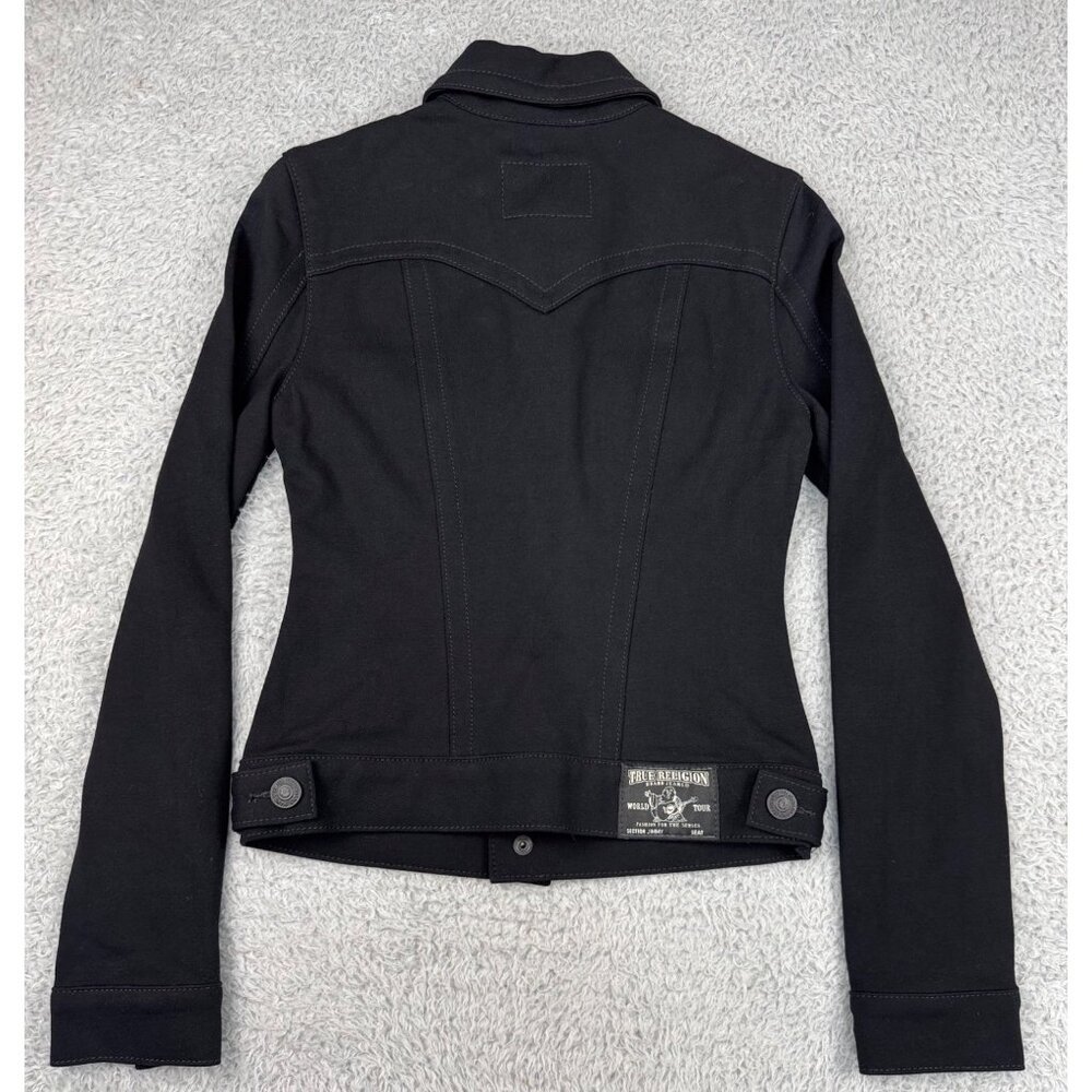 True Religion Womens Black stretch Denim Jacket Size S-M 90s Y2k Gothic Western - Picture 10 of 12